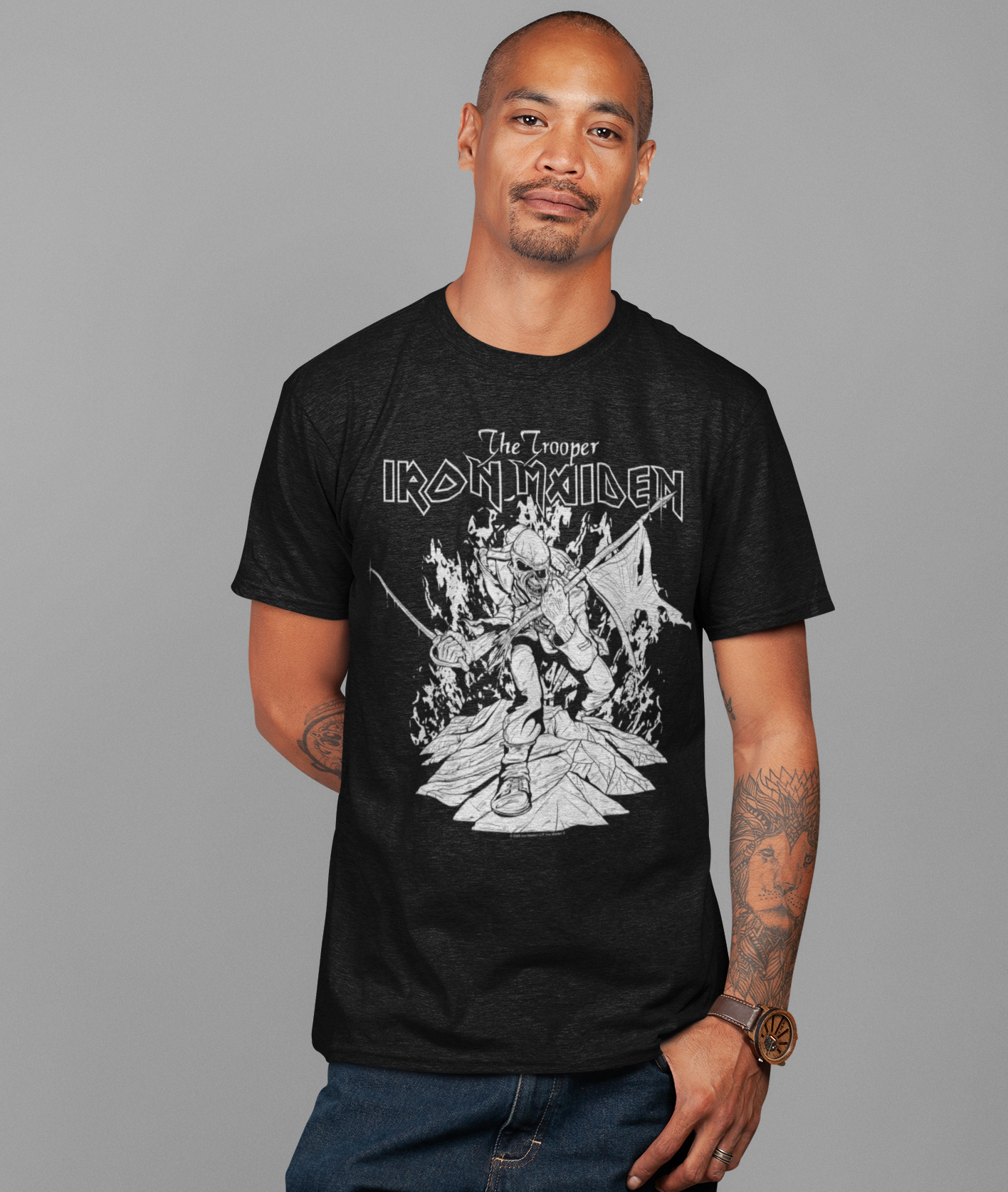 Stakes Iron Maiden - Trooper Black and White Jumbo Print Mens T Shirt Officially Licensed