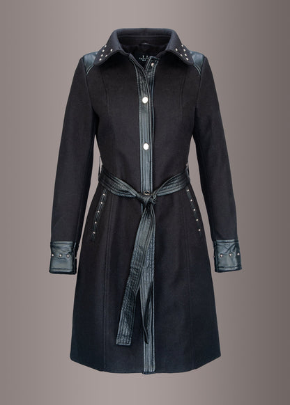 Belted Studded Coat with Faux Leather Trim