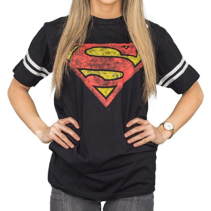Superman Distressed Logo With Striped Sleeves T-shirt