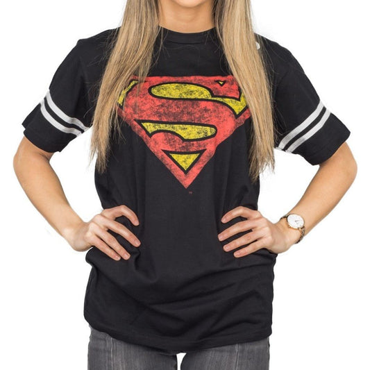Superman Distressed Logo With Striped Sleeves T-shirt