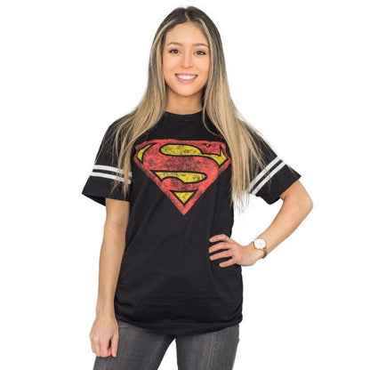 Superman Distressed Logo With Striped Sleeves T-shirt