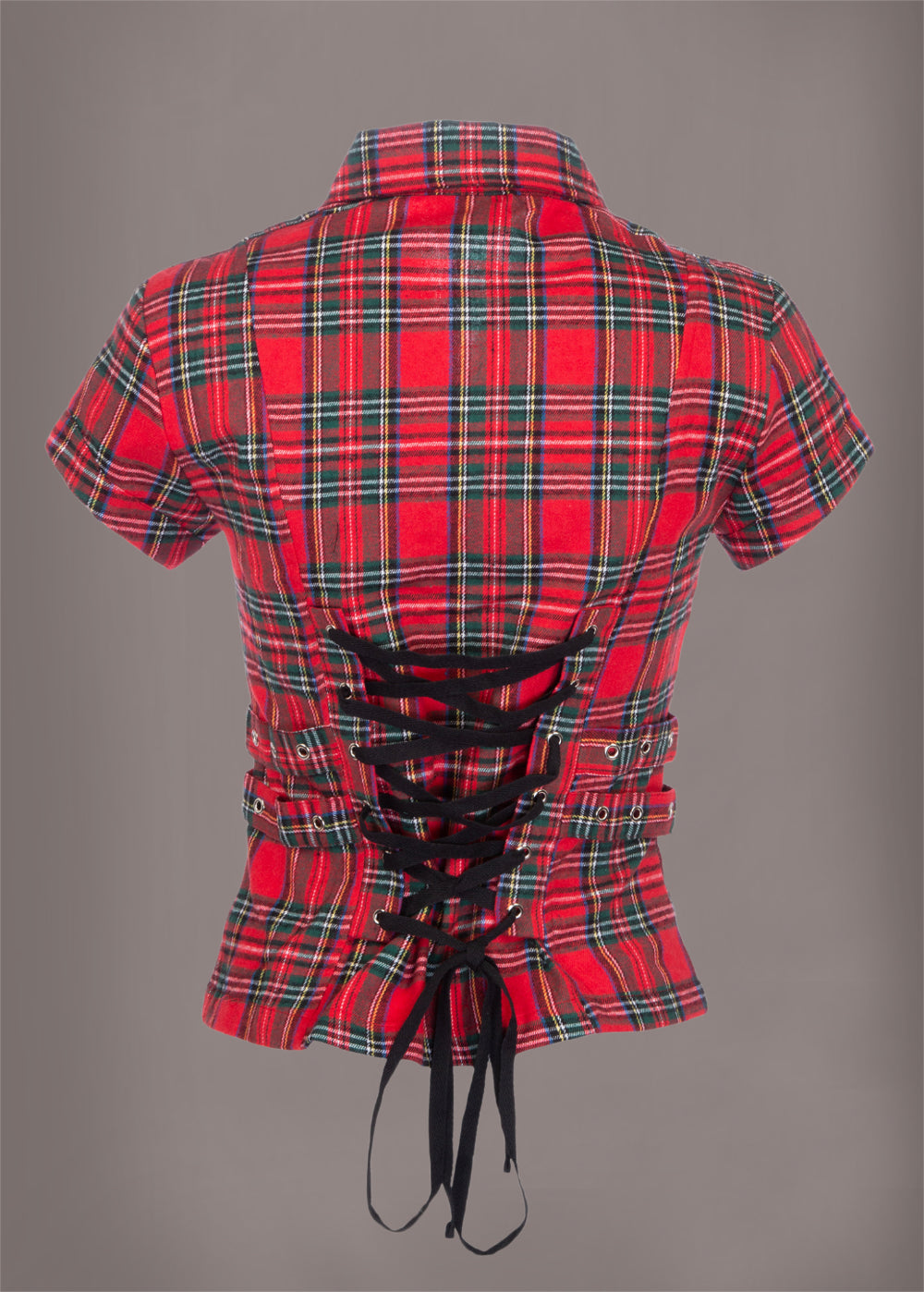 Short Sleeve Tartan Plaid Punk Shirt with Studs