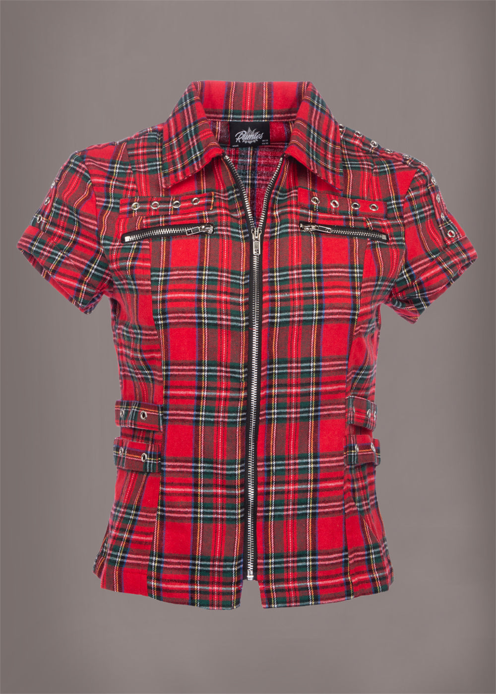 Short Sleeve Tartan Plaid Punk Shirt with Studs