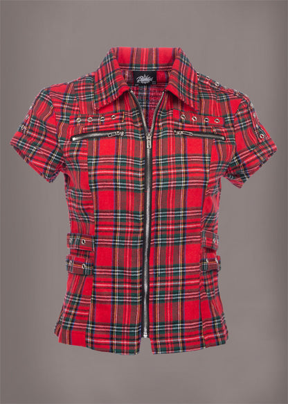 Short Sleeve Tartan Plaid Punk Shirt with Studs