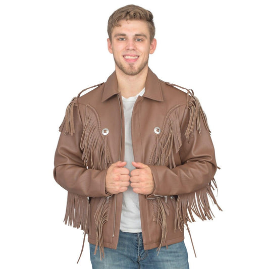 Cowboy Traditional Leather Western Jacket with Fringe Halloween Costume Brown