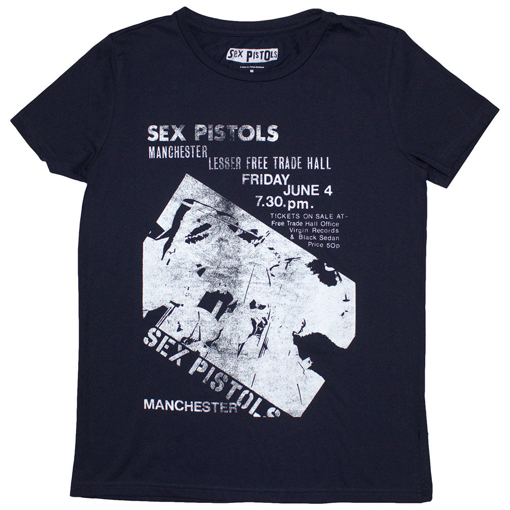The Sex Pistols Manchester Flyer Womens T Shirt Blue