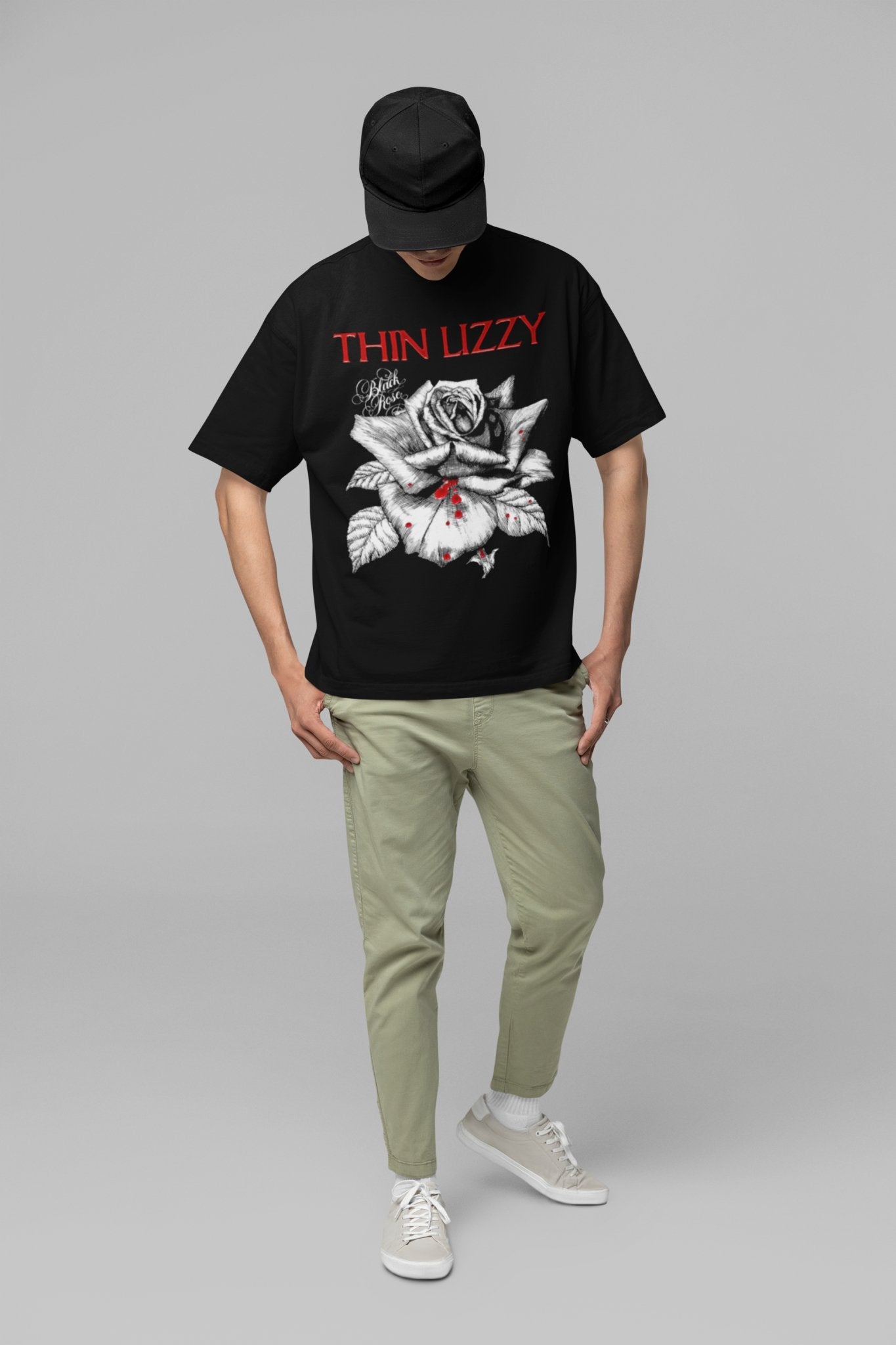 Thin Lizzy Black Rose Jumbo Print Mens T Shirt Black