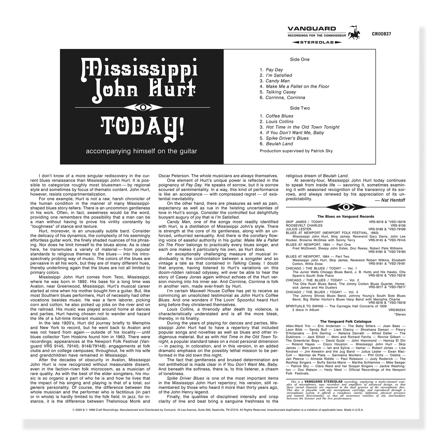 Mississippi John Hurt - Today! (Bluesville Series) (180g LP) Vinyl Record
