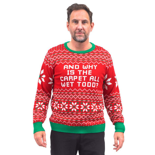 Todd and Margo Why is The Carpet Wet I DonŸ??t Know Knitted Ugly Christmas Sweater