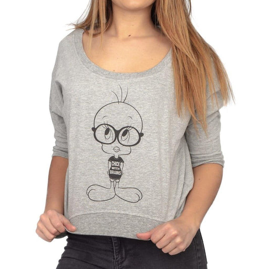 Tweety Bird Chick With Brains Cropped Sweatshirt