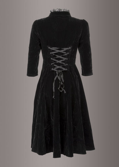 Dark Empress Black Velvet High Collar Dress with Lace Details