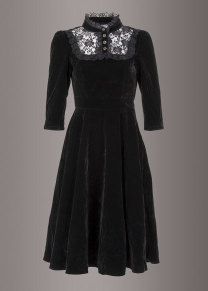 Dark Empress Black Velvet High Collar Dress with Lace Details