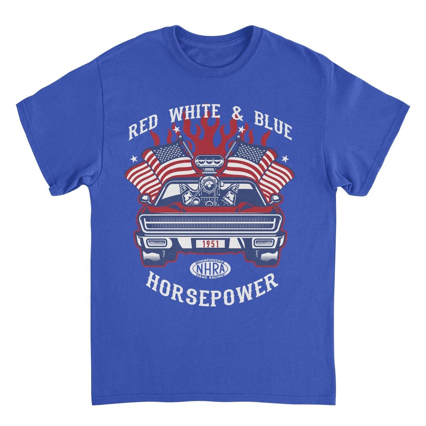 NHRA Red White and Blue Horsepower Mens T Shirt Royal Blue Officially Licensed