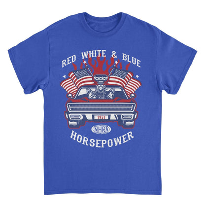 NHRA Red White and Blue Horsepower Mens T Shirt Royal Blue Officially Licensed