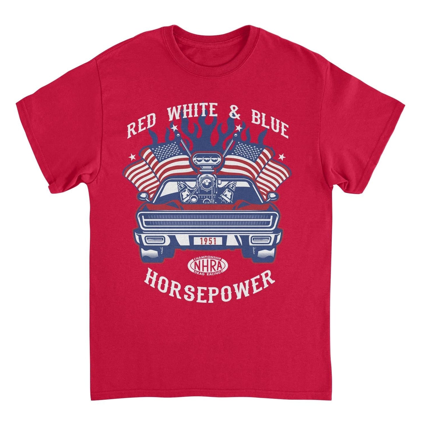 NHRA Red White and Blue Horsepower Blue Heat Mens T Shirt Red Officially Licensed
