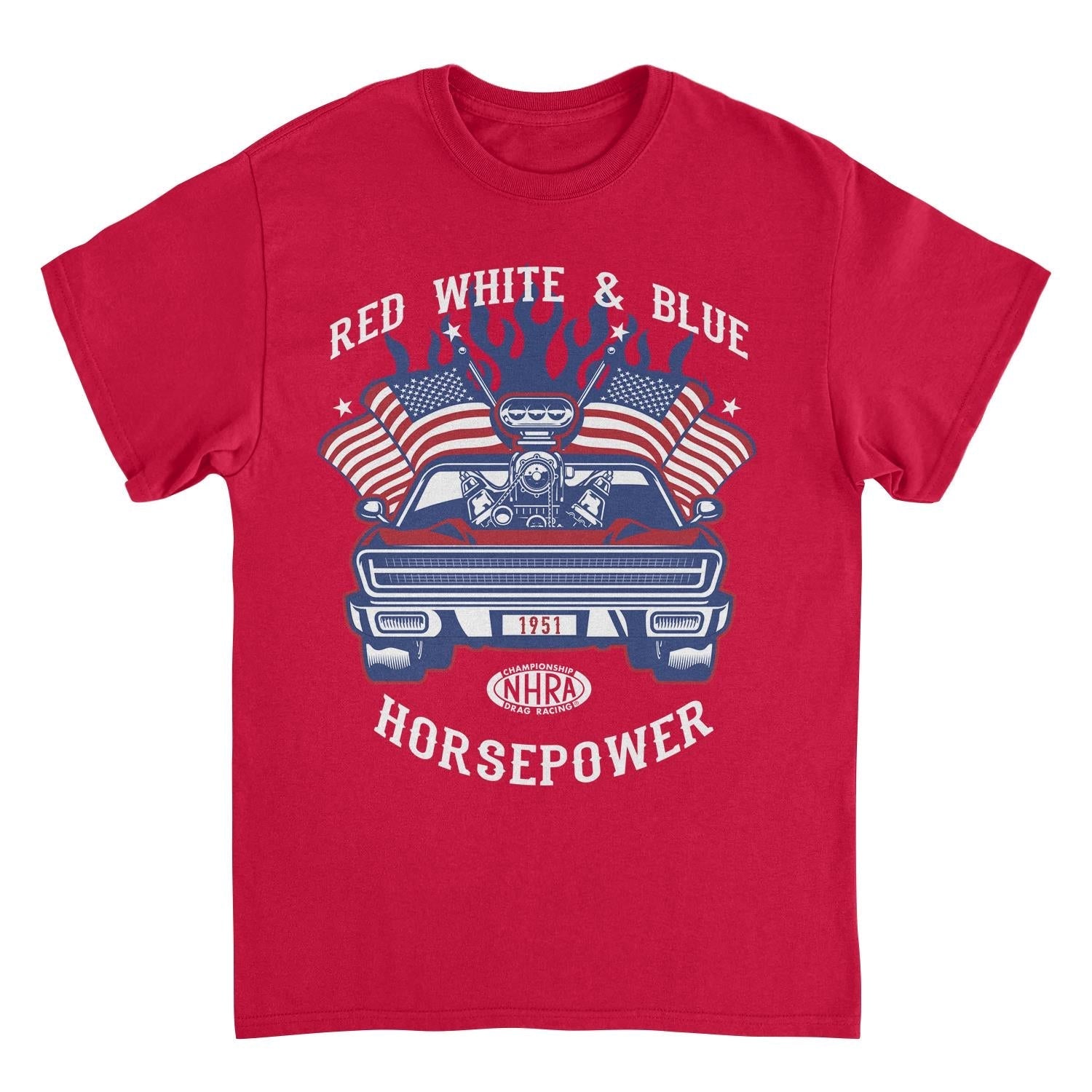 NHRA Red White and Blue Horsepower Blue Heat Mens T Shirt Red Officially Licensed