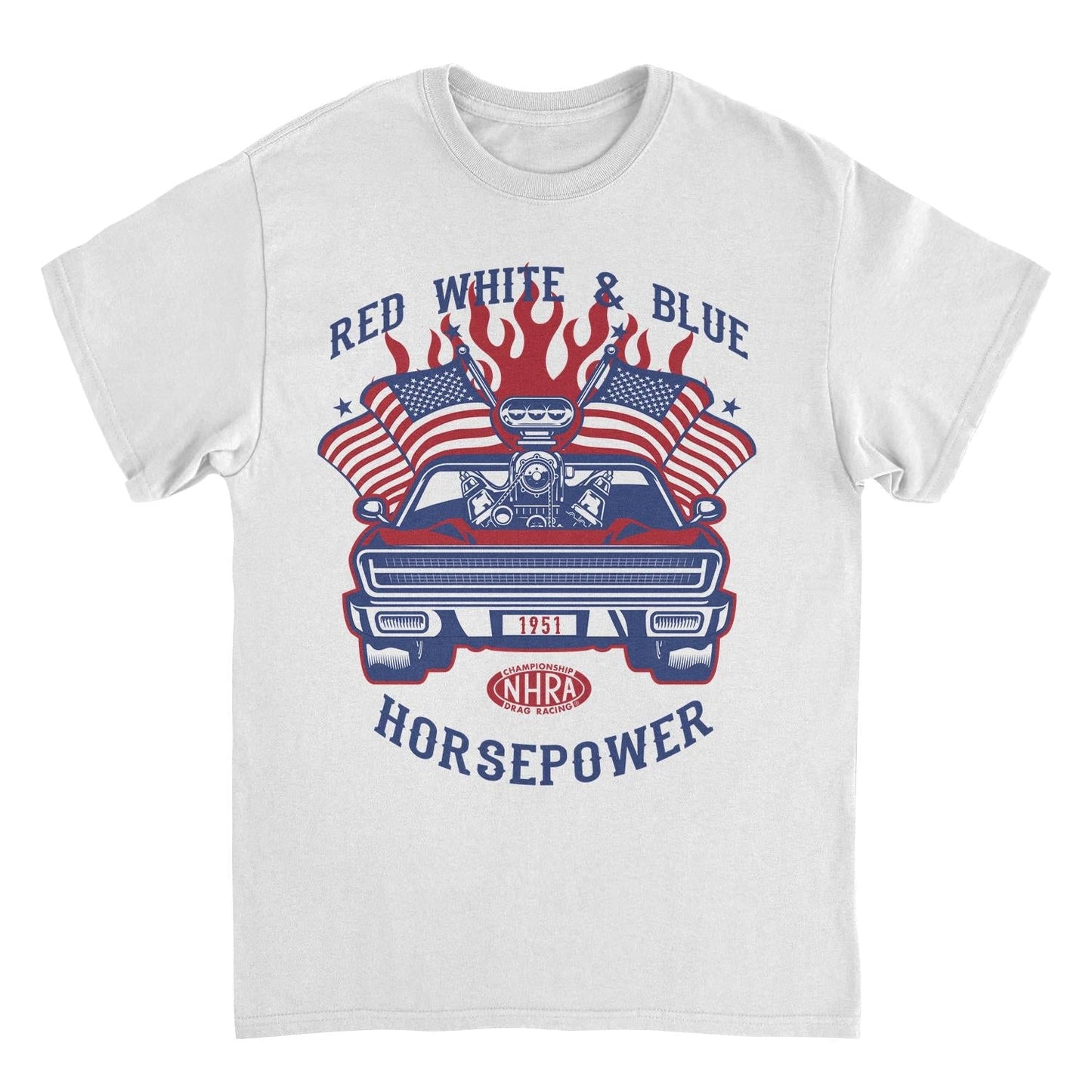 NHRA Red White and Blue Horsepower Red Heat Mens T Shirt White Officially Licensed
