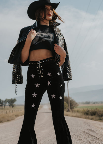 Studded Velvet Flare Pants Star Bell Bottoms