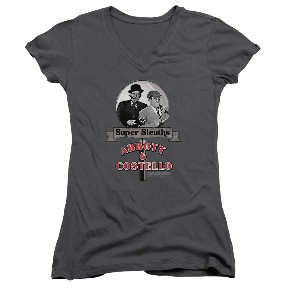 Abbott & Costello Super Sleuths Junior Sheer Cap Sleeve V Neck Womens T Shirt Charcoal