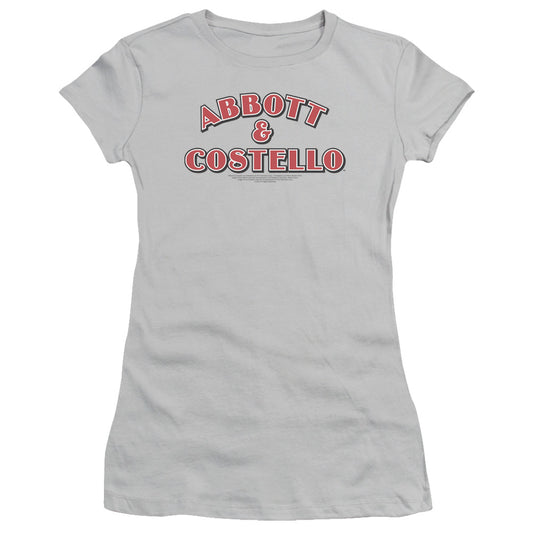 Abbott & Costello Logo Junior Sheer Cap Sleeve Womens T Shirt Silver