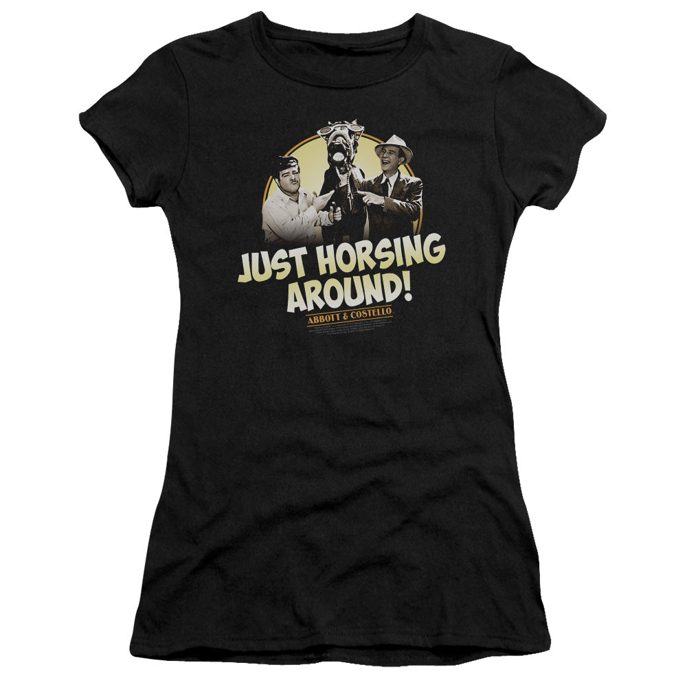 Abbott & Costello Horsing Around Junior Sheer Cap Sleeve Womens T Shirt Black