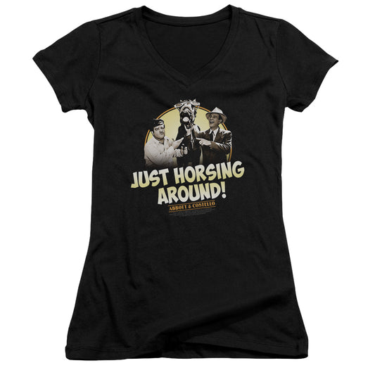 Abbott & Costello Horsing Around Junior Sheer Cap Sleeve V Neck Womens T Shirt Black