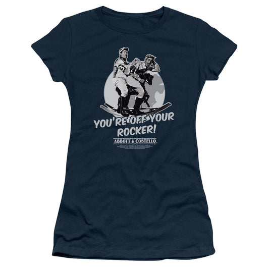 Abbott & Costello Off Your Rocker Junior Sheer Cap Sleeve Womens T Shirt Navy Blue