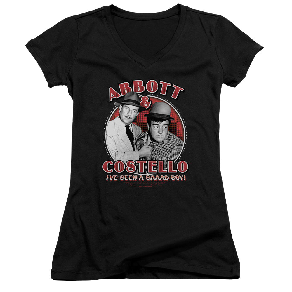 Abbott & Costello Bad Boy Junior Sheer Cap Sleeve V Neck Womens T Shirt Black