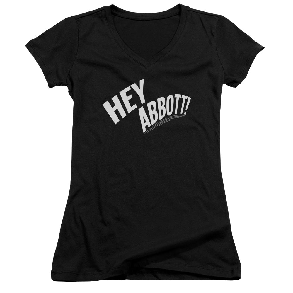 Abbott & Costello Hey Abbott Junior Sheer Cap Sleeve V Neck Womens T Shirt Black