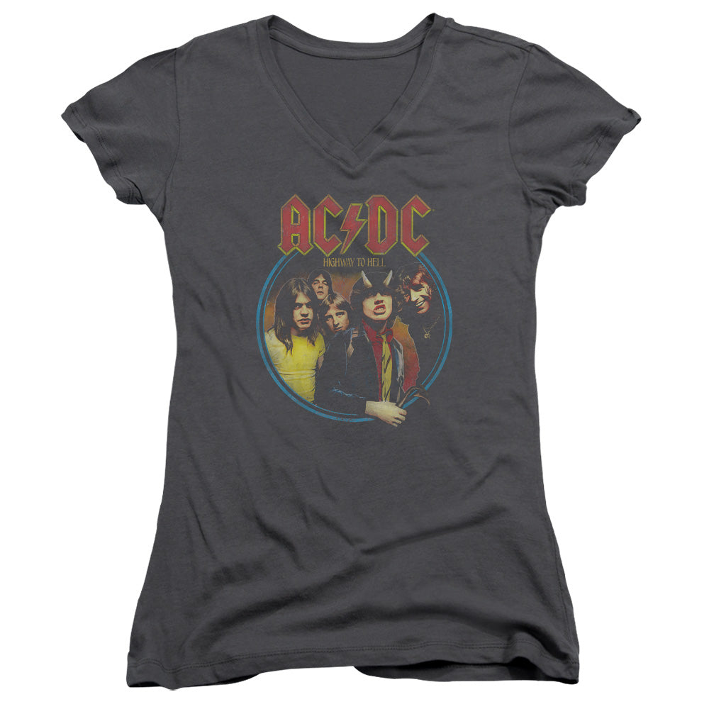 AC/DC Highway To Hell Junior Sheer Cap Sleeve V-Neck Womens T Shirt Charcoal