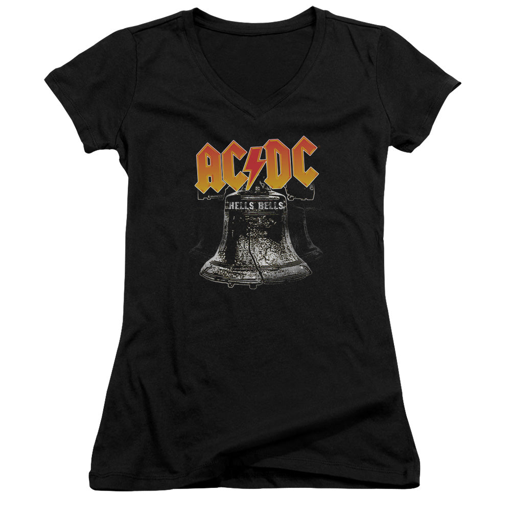 AC/DC Hells Bells Junior Sheer Cap Sleeve V-Neck Womens T Shirt Black