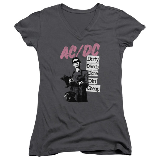 AC/DC Dirty Deeds Junior Sheer Cap Sleeve V-Neck Womens T Shirt Charcoal