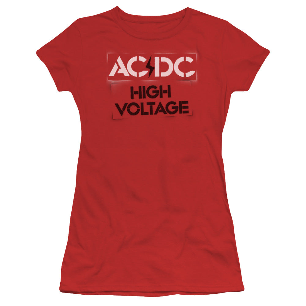 AC/DC High Voltage Stencil Junior Sheer Cap Sleeve Womens T Shirt Red