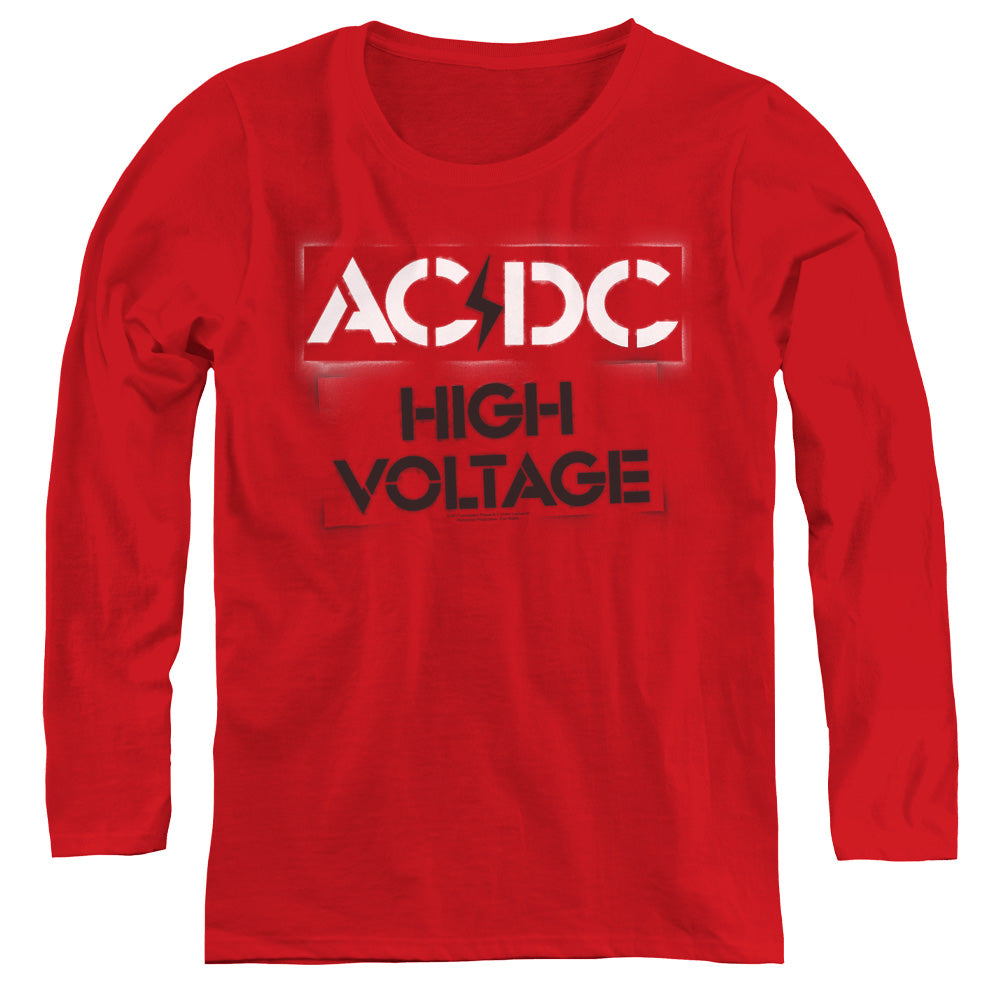 AC/DC High Voltage Stencil Womens Long Sleeve Shirt Red