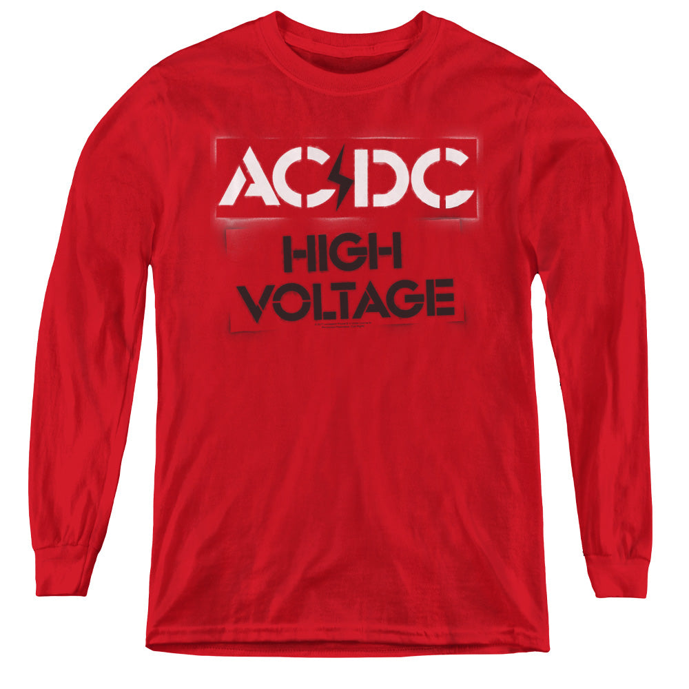 AC/DC High Voltage Stencil Long Sleeve Kids Youth T Shirt Red