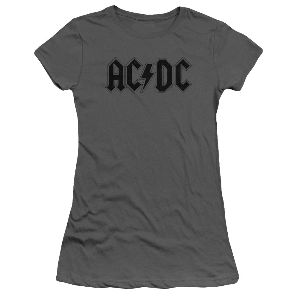 AC/DC Worn Logo Junior Sheer Cap Sleeve Womens T Shirt Charcoal