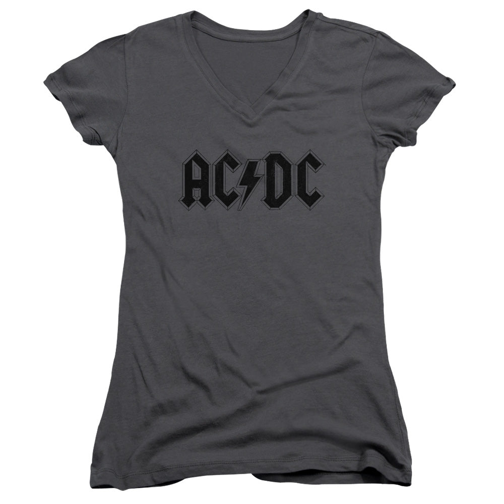 AC/DC Worn Logo Junior Sheer Cap Sleeve V-Neck Womens T Shirt Charcoal