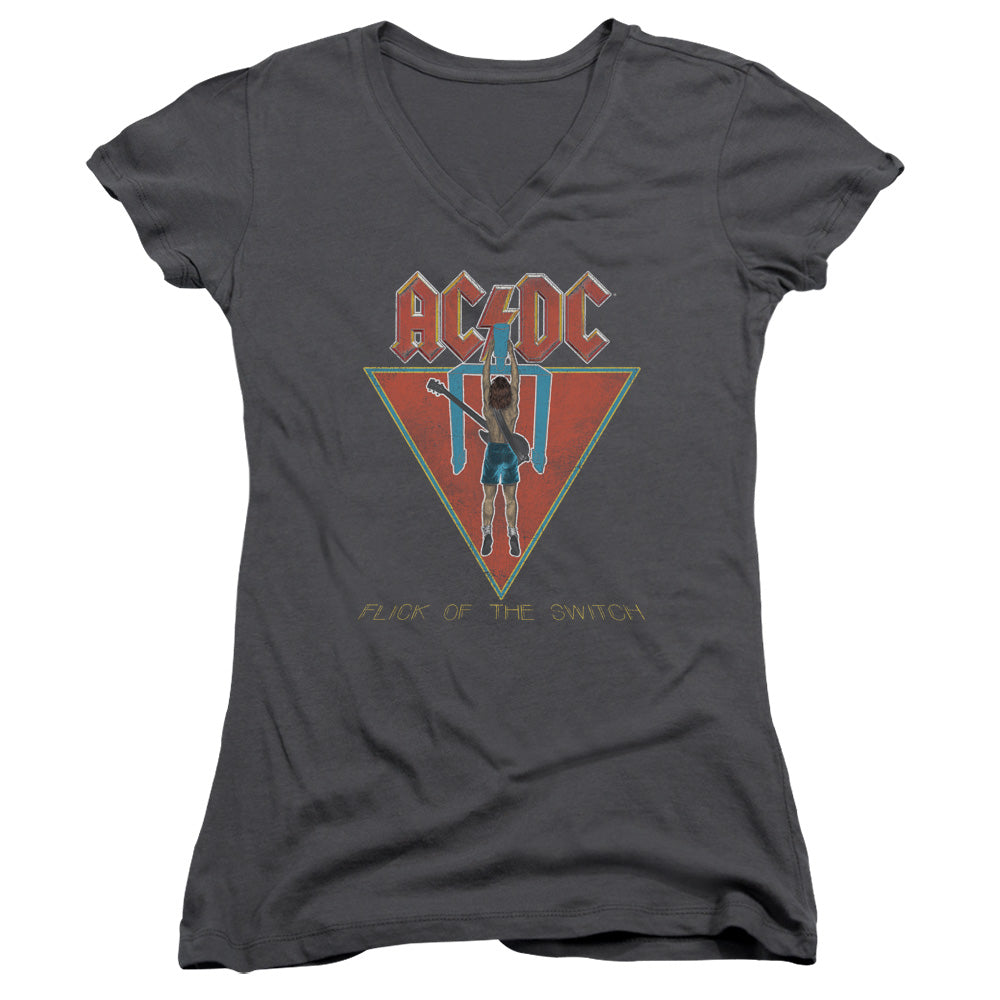 AC/DC Flick Of The Switch Junior Sheer Cap Sleeve V-Neck Womens T Shirt Charcoal