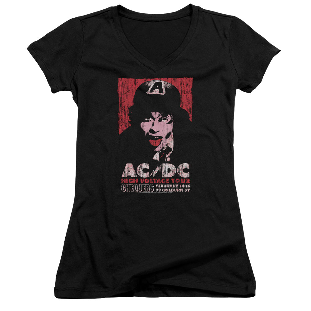 AC/DC High Voltage Live 1975 Junior Sheer Cap Sleeve V-Neck Womens T Shirt Black