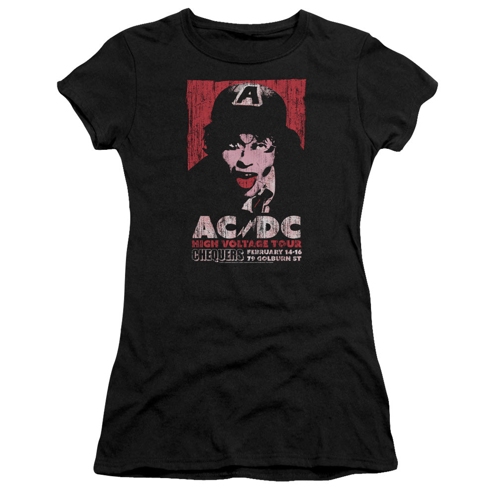 AC/DC High Voltage Live 1975 Junior Sheer Cap Sleeve Premium Bella Canvas Womens T Shirt Black