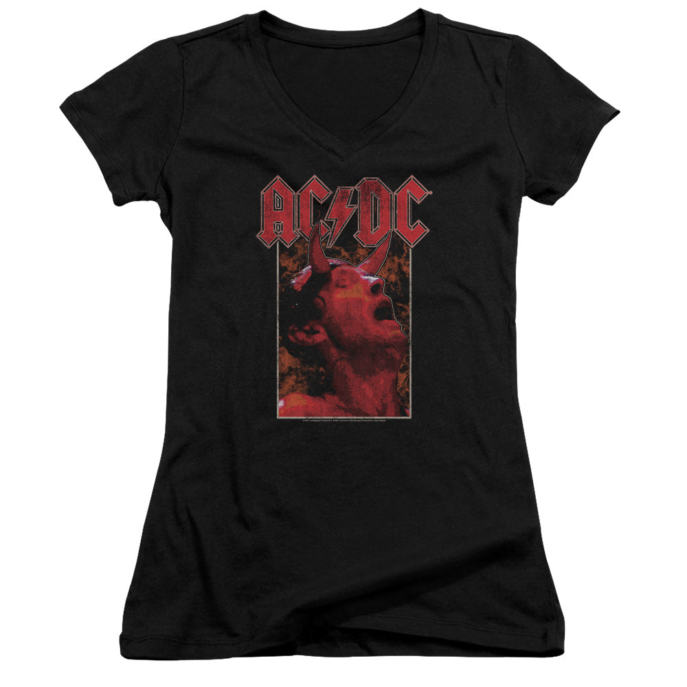 AC/DC Horns Junior Sheer Cap Sleeve V-Neck Womens T Shirt Black