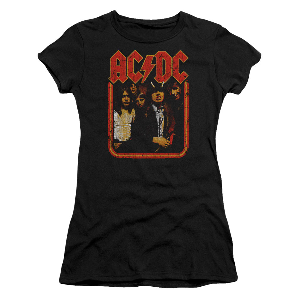 AC/DC Group Distressed Junior Sheer Cap Sleeve Womens T Shirt Black