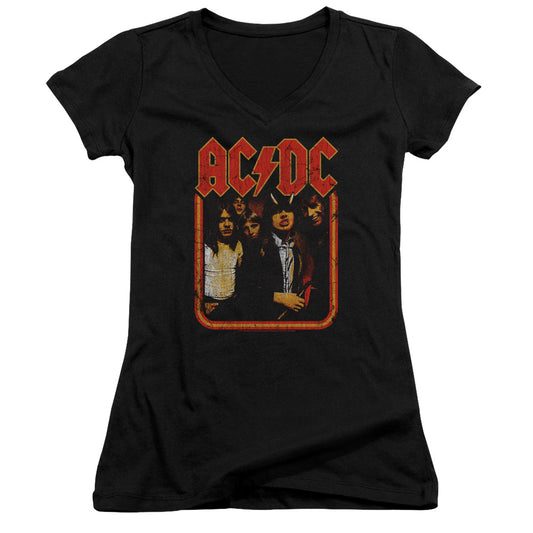 AC/DC Group Distressed Junior Sheer Cap Sleeve V-Neck Womens T Shirt Black