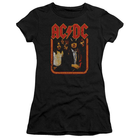 AC/DC Group Distressed Junior Sheer Cap Sleeve Premium Bella Canvas Womens T Shirt Black