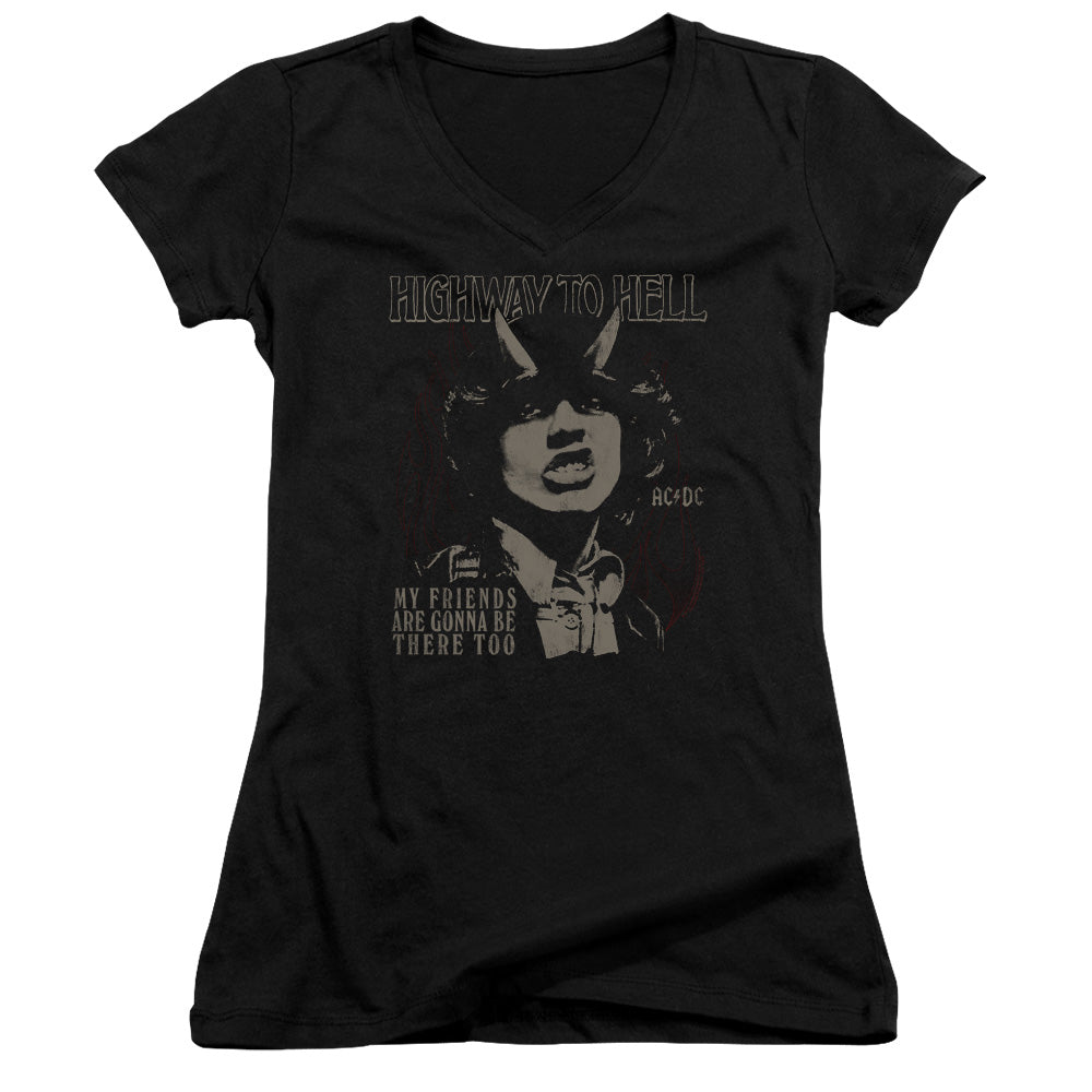 AC/DC My Friends Junior Sheer Cap Sleeve V-Neck Womens T Shirt Black