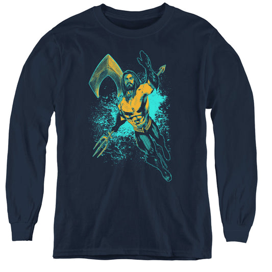 Aquaman Movie Make A Splash Long Sleeve Kids Youth T Shirt Navy Blue