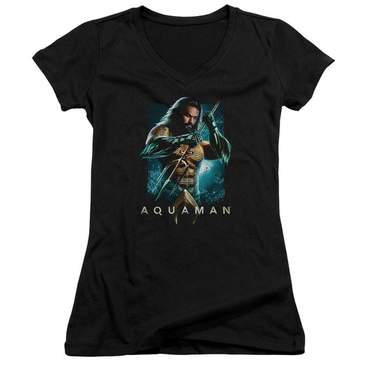 Aquaman Movie Trident Junior Sheer Cap Sleeve V-Neck Womens T Shirt Black