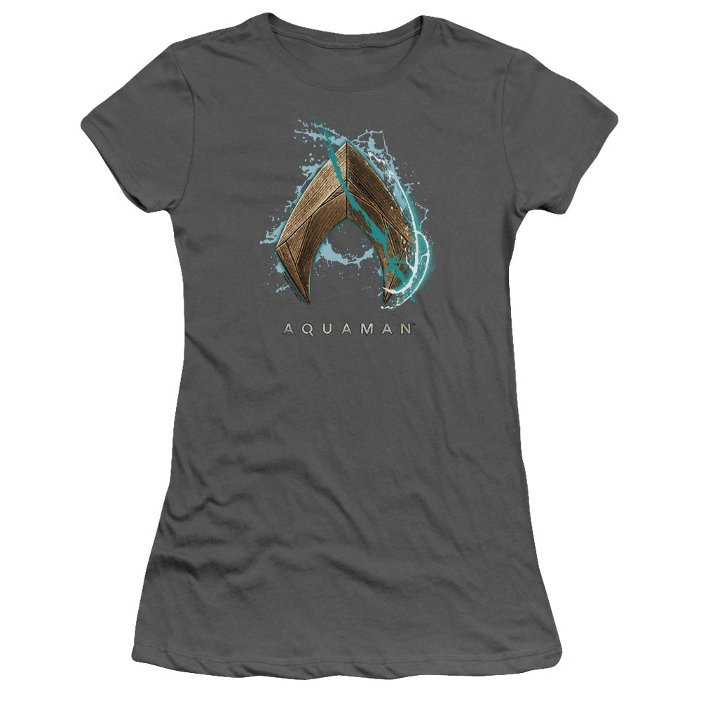 Aquaman Movie Water Shield Junior Sheer Cap Sleeve Womens T Shirt Charcoal