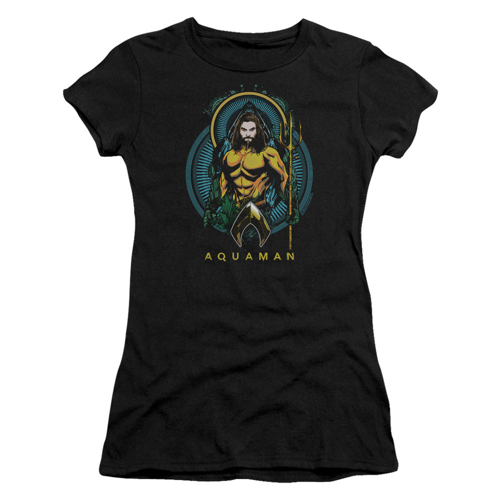 Aquaman Movie Aqua Nouveau Junior Sheer Cap Sleeve Womens T Shirt Black