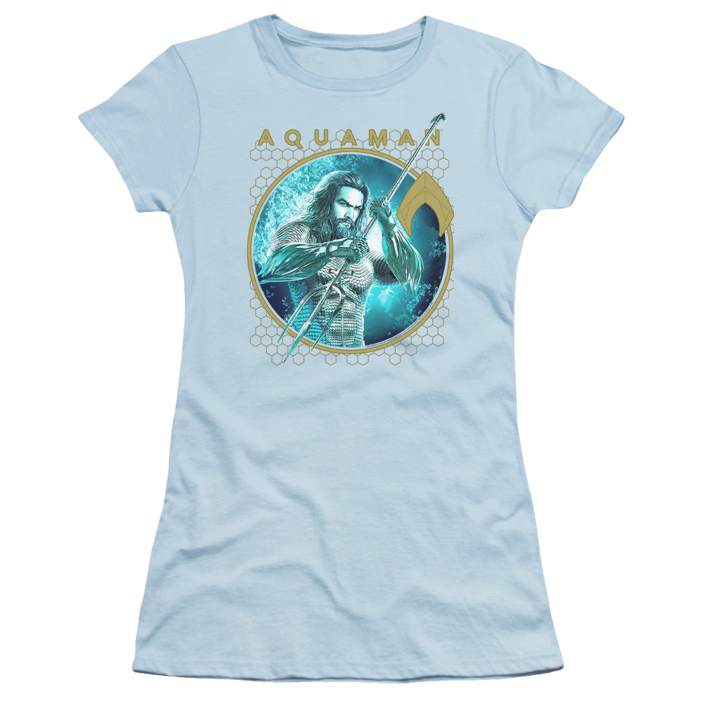 Aquaman Movie Trident Of Neptune Junior Sheer Cap Sleeve Womens T Shirt Light Blue